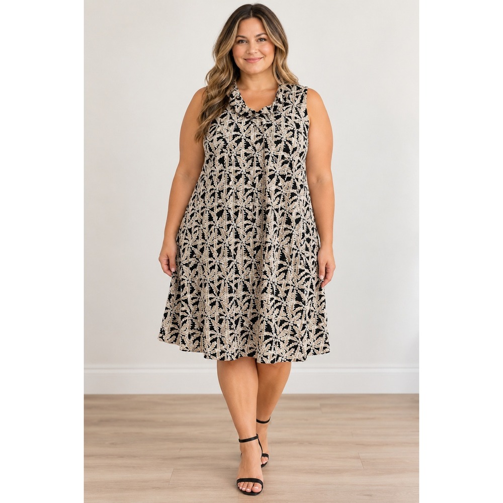 Lulu-B Womens Black Tan Geometric A-Line Ruffle Neck Sleeveless Midi Dress 1X